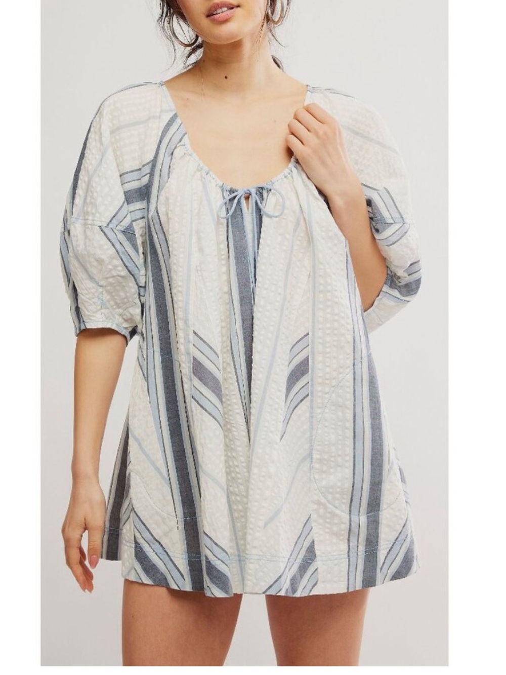 NWT Free People Bop Around Romper Seaside Stripe Ivory Boho Puff Sleeve Large